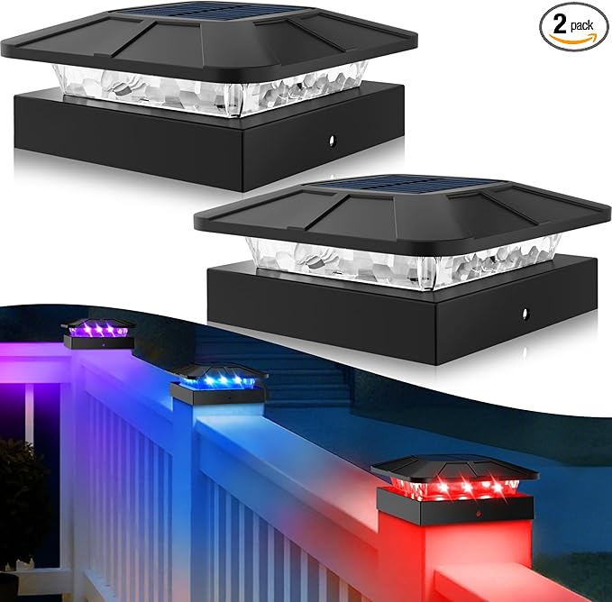 Peasur 4x4 Post Solar Lights RGB Color Changing, 2 Pack Post Cap Light Fits 4×4/3.5×3.5 Wood/Vinyl Posts, Waterproof Fence Top Lighting for Wood/Vinyl Posts for Outside Deck Mailbox Porch Railing
