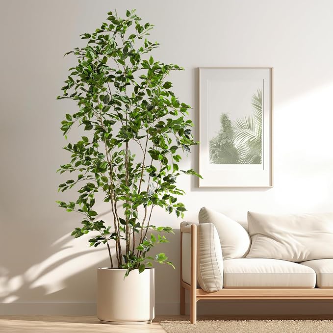 Bailikang Artificial Ficus Tree Indoor 8ft, Large Potted Faux Tree with Realistic Silk Leaves & Trunk for Home Office, Living Room Corner Decor