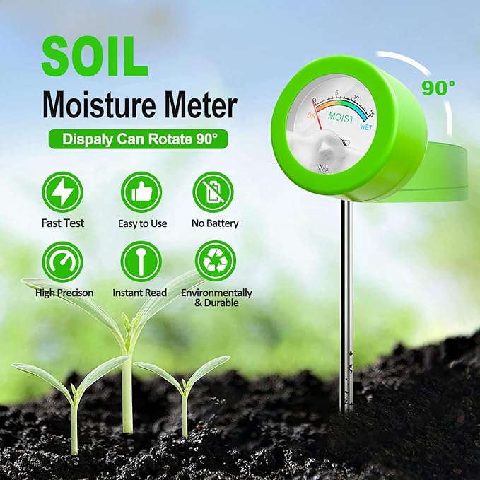 Soil Moisture Meter, Plant Water Monitor, Soil Hygrometer Included 200+ Plants Care Guide, 100 pH Test Strips & Sample Tube, Soil Water Gauge Meter for Garden, Lawn, No Battery Needed (Green)