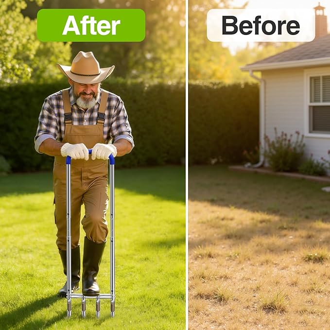 Knee-Friendly Manual Lawn Aerator Tool –Adjustable SUS304 Stainless Steel Core Aerator for Grass, Yard Aeration Tool with 4 Hollow Tines for Lawn Care and Compacted Soil,43.3"-48.5",Silver