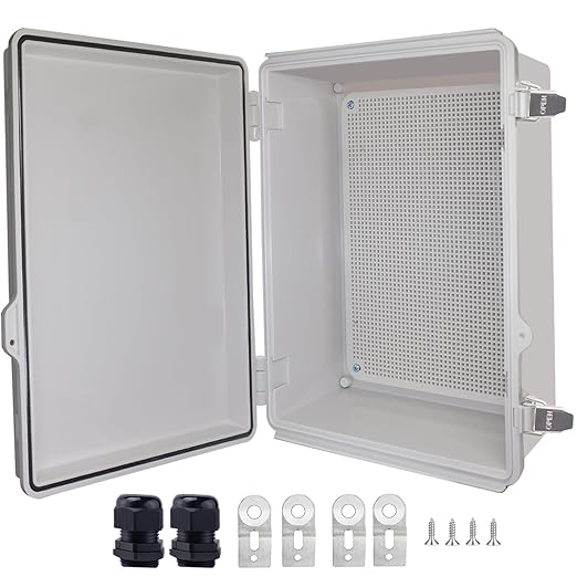 Waterproof Junction Box, ABS Plastic Electrical Box with Stainless Steel Latch, Hinged Cover Electric Project Enclosure Box with Mounting Plate, Wall Brackets 14.6" x10.6''x5.9''