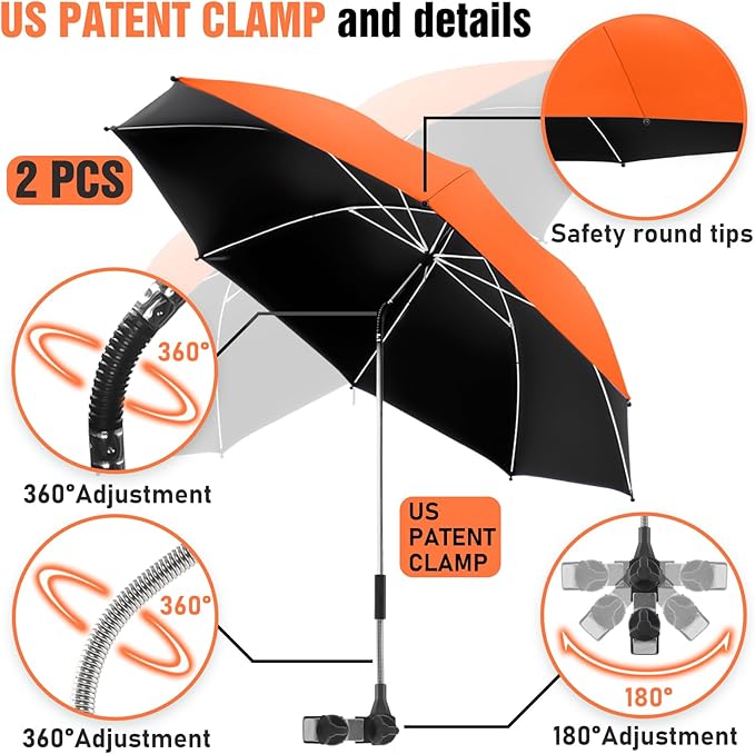2 PACK Beach Umbrella with Clamp, 360 ° Adjustable Umbrellas for Chair, UPF50+ Umbrella for Beach Chair, Patio Chair, Wheelchair, Camping Chair, Golf Carts (Chair Not Included)