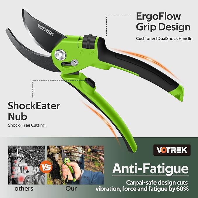VOTREK® Pruning Shears for Gardening, [Patented Stepless Handle Opening] - Garden Clippers with Ultra-Sharp SK5 Steel for Weak Hand, Universal Fit for All Hand Sizes, Effortlessly Cuts 1-Inch Branches