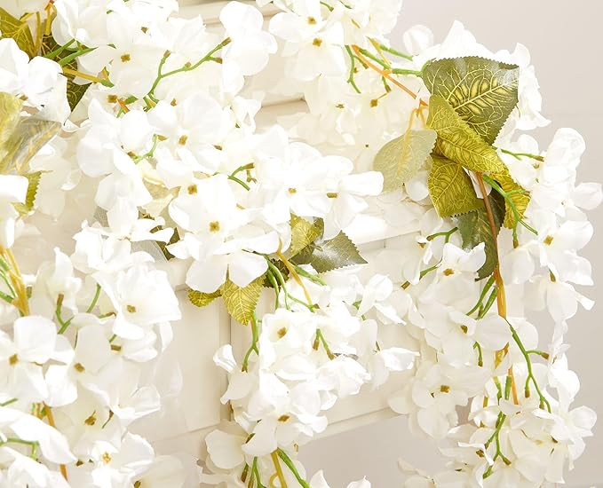 Flower Garland, Artificial Hydrangea Vine Flowers, Hanging Fake Hydrangeas Vine for Room Anniversary Wedding Birthday Christmas Wall Arch Decor, 2 Pcs, Floral Garland, White Flower