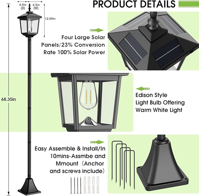 Greluna Solar Lamp Post Light Outdoor, Warm White, IP45 Waterproof Solar Post Lights Outdoor, Pole Lights Decorative Lamp for Yard Garden Patio Lawn Pathway Driveway Front/Back Door 2 Pack