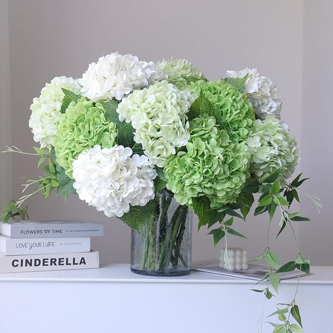 Buart 4PCS Long Stem Big Size Flowers Artificial Silk Hydrangea Lifelike Flowers Real Touch Green Artificial Flowers Wedding Shower Bride Bouquets Office Living Room Table Decorations (21 Inch)