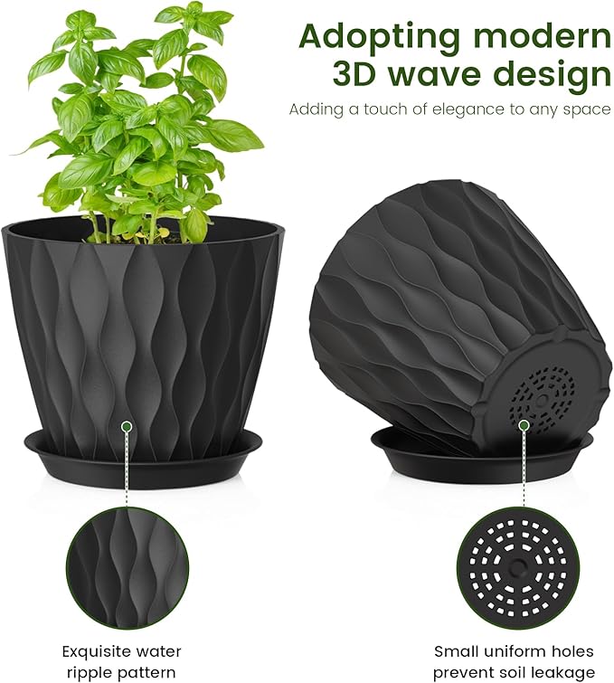 Meowell 7/6.5/6/5.5/5/4.5/4 inch Plant Pots for Indoor Outdoor Plants, 7 Pack Thick Flower Pots with Drainage Holes and Saucers, Modern Wave Texture Plastic Planter Pots for Nursery, Succulent, Black