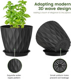 Meowell 7/6.5/6/5.5/5/4.5/4 inch Plant Pots for Indoor Outdoor Plants, 7 Pack Thick Flower Pots with Drainage Holes and Saucers, Modern Wave Texture Plastic Planter Pots for Nursery, Succulent, Black