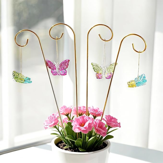 HDCRYSTALGIFTS 4 Pack Blown Glass Butterfly Decorative Garden Stakes,Colorful Butterflies with 13.5'' Tall Gold Plant Stakes for Outdoor Lawn Porch Pathway Patio Plant Pot Flower Bed