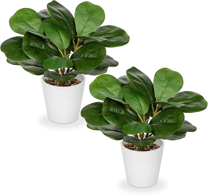 GnFlus Artificial Plants Set of 2 Fake Fiddle Leaf Fig with White Pots Faux Potted Plants for Home Office Garden Indoor Outdoor Desk Decoration Green