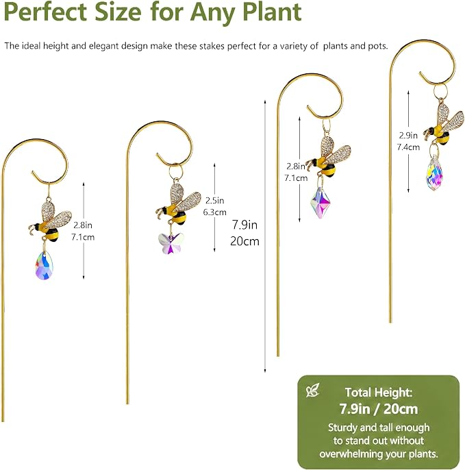 HDCRYSTALGIFTS 4pcs Bumble Bee Crystal Suncatchers with Small Trellis for Potted Plants Indoor Plant Trellis Accessories Sun Catchers, Houseplant,Bouquet Garden Home Decor