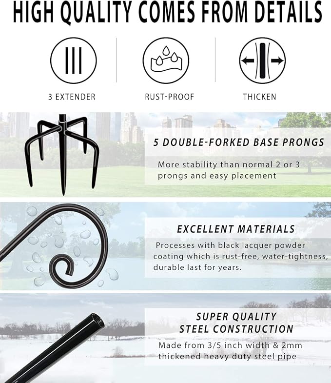 Artigarden Outdoor Shepherd Hooks 92 inch Tall for Bird Feeder (2 Packs), Adjustable Metal Garden Poles for Hanging Plants Solar Light Lantern, Bright Black
