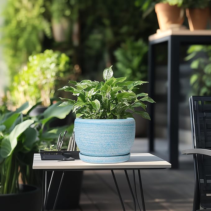 SQOWL Ceramic Planter - 8 inch Pot for Plants Indoor Outdoor, Modern Ceramic Flower Pot with Drainage Hole and Saucer, Decorative Round Planter, Home Office Decor, Plant Lovers Gifts, Blue