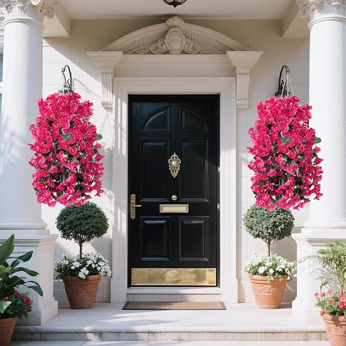 Artificial Flowers for Outdoors Fake Hot Pink Morning Glory Hanging Flower Decoration, 2Pcs Realistic Faux Plants Petunias Long Trailing Vines,Spring Decor for Porch Patio Balcony Planter Yard