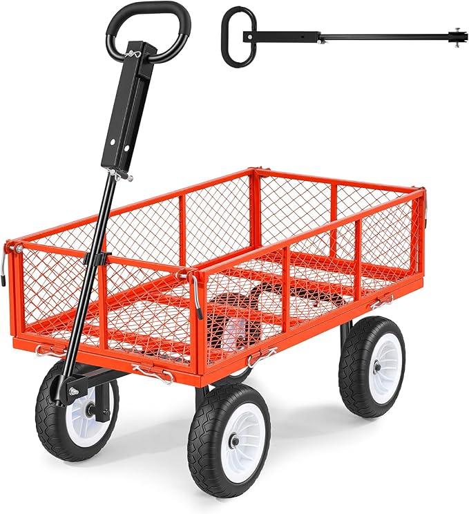 VEVOR 900 LBS Steel Garden Cart, 2 in 1 Handle, Heavy Duty Pullable Garden Wagon with 10" Flat-Free Tires, Outdoor Utility Yard Wagon Cart with Detachable Side Panels, Attach to ATV or Tractor, Red