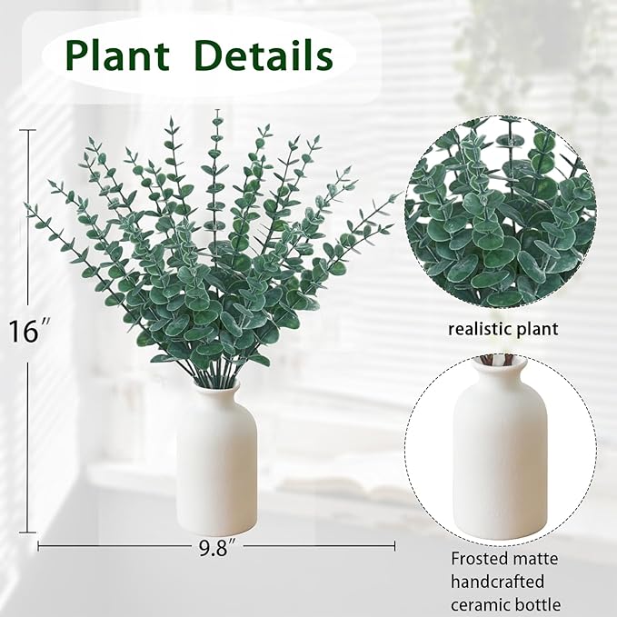 16" Artificial Eucalyptus Stems Potted Plant - Realistic Small Fake Desk Plants for Office Home Decor, Faux Plants in Frosted Ceramic Vase for Indoor Spaces, Wedding Centerpieces Table Decor（20 pcs）