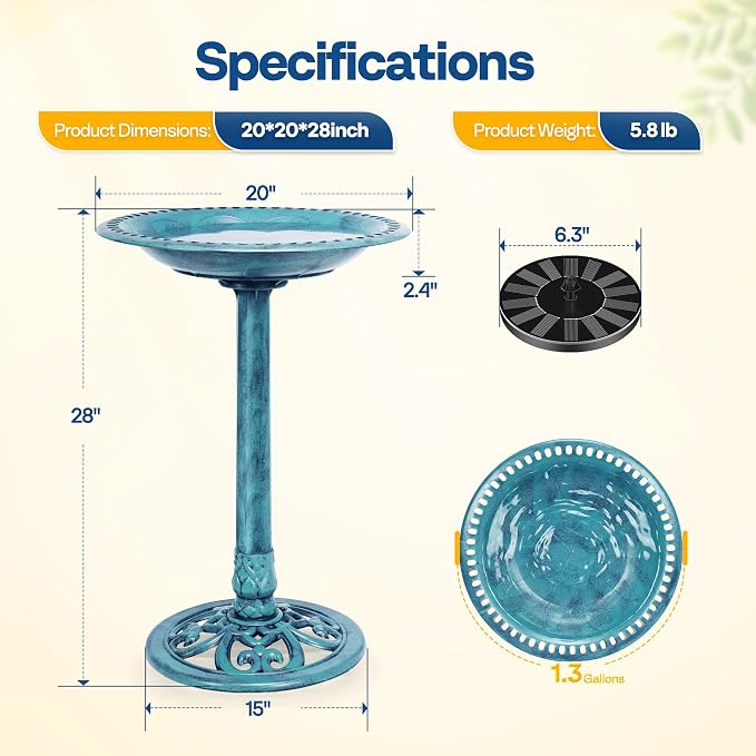 VIVOHOME Bird Bath with Solar Fountain for Outside, Polyresin Pedestal Bird Baths with Solar Powered Pump for Outdoor, Garden, Weather-Resistant Birdbaths with 20" Bowl, Blue