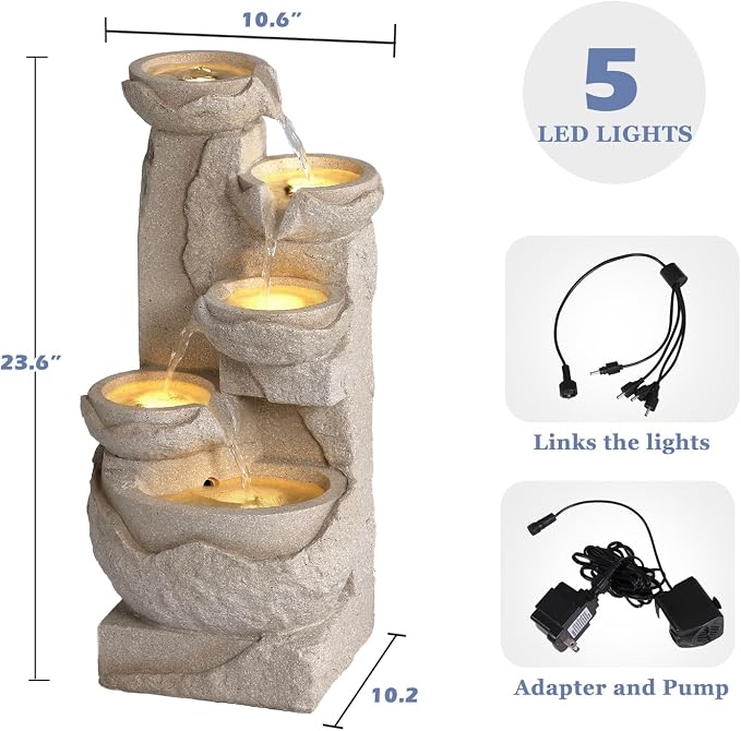 Grepatio Outdoor Water Fountain 5-Tiers Cascading Rock Waterfalls Fountains with 5 LED Lights, Indoor/Outdoor Modern Beige Bowl Feature Garden Water Fountain for Yard, Patio, House Decor