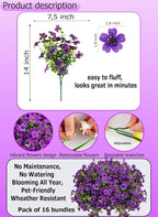 AXYLEX Artificial Flowers for Outdoors Fake Plants - 16 Bundles Fake Plants UV Resistant No Fade Faux Plastic Greenery Home Garden Porch Patio Decoration Office Indoor (Purple)