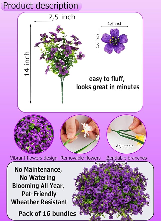 AXYLEX Artificial Flowers for Outdoors Fake Plants - 16 Bundles Fake Plants UV Resistant No Fade Faux Plastic Greenery Home Garden Porch Patio Decoration Office Indoor (Purple)