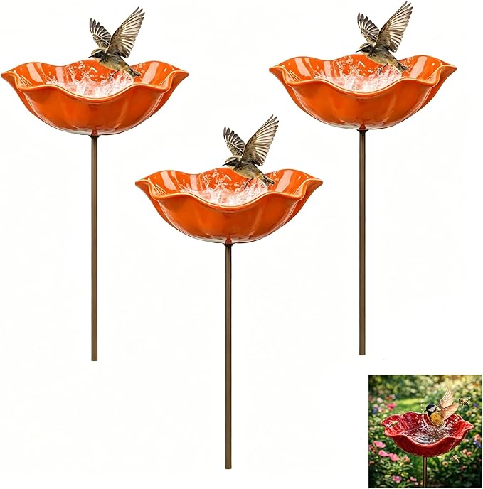 Handmade Metal Flower Garden Stake Bird Bath, Hummingbird Feeder, Bee & Butterfly Puddler, Mini Pollinator Watering Station for Garden Patio Lawn Yard Decor, Orange, 3PCS