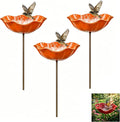 Handmade Metal Flower Garden Stake Bird Bath, Hummingbird Feeder, Bee & Butterfly Puddler, Mini Pollinator Watering Station for Garden Patio Lawn Yard Decor, Orange, 3PCS