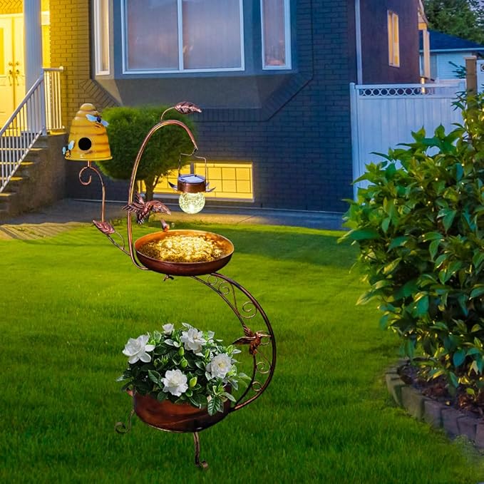 DREAMSOUL Solar Bird Bath with Bird House, 3 in 1 Bird Bath for Outside with Flower Planter, Metal Birdbath with Solar Light for Garden Yard Decor