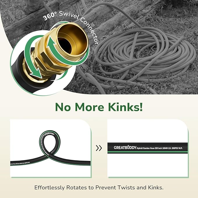 GreatBuddy Garden Hose 10ft, 5/8" Water Hose Heavy Duty, Flexible, Lightweight Hybrid Hose, Burst 600 PSI with Solid Brass Male to Female Fittings Leakproof Hose for Backyard, Garden