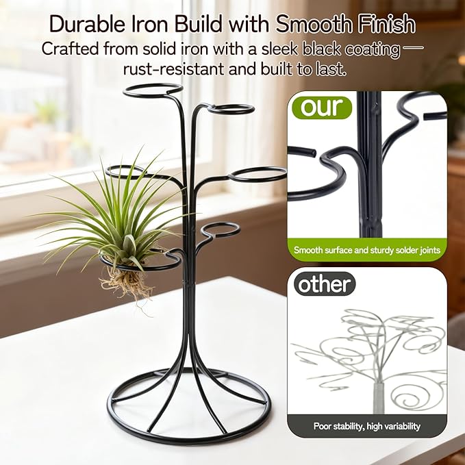 Air Plant Holder Iron Tree Stand Metal Air Plant Display with 6 Rings, Round Base Tillandsia Holder for Home Office Tabletop Decoration (Plants Not Included)