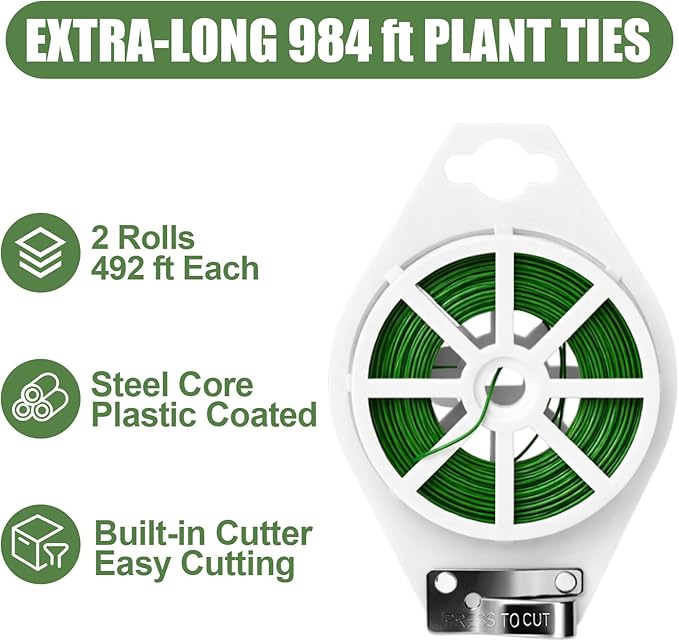 984FT Total (2 Rolls, 492FT Each) Garden Twist Ties with Cutter, Plant Ties for Tomatoes & Vines, Reusable Garden Ties for Gardening, Cable Management & Home Organization