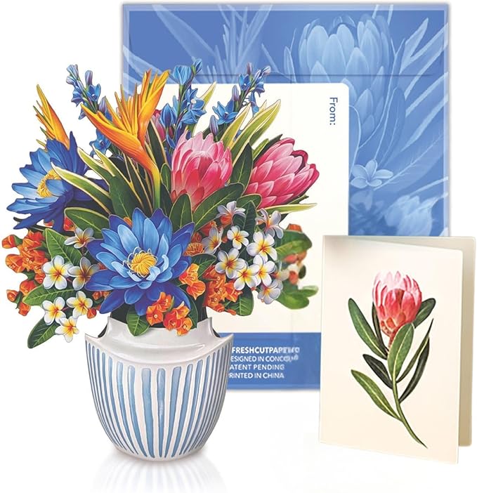 Freshcut Paper Mini Tropical Paradise Pop Up Cards, 6 Inch Mini Sized Forever Flower Bouquet 3D Popup Greeting Card, Birthday Cards, Valentine's Day Card, Blank Notecard & Envelope