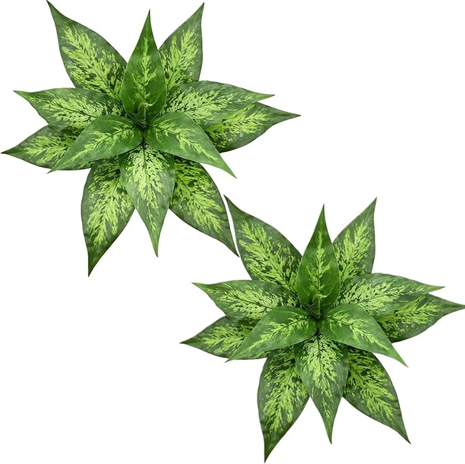 PASYOU Artificial Aglaonema Plants, Green Speckled Leaves 2 Pack, Fake Magnolia Grass Plant, Faux Plastic Leaves Shrubs, Indoor Outdoor Decor Home Garden Yard Table Planter Filler Decorations - Green
