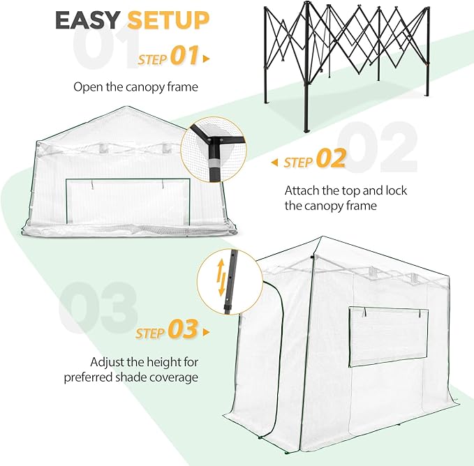 EAGLE PEAK 10x5 Portable Walk in Greenhouse, Pop Up Indoor Outdoor Greenhouse, Green House Kit with Zippered Roll-Up Doors and Windows, Lean-to Design, PE Cover, Clear/White