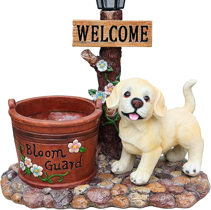 Animal Outdoor Statue Planter Solar Light Welcome Garden Sculpture Resin Flower Pot Decorative Porch Patio Yard Lawn Entryway Figurine with LED Lamp Rustic Plant Holder Ornament Courtyard (G)
