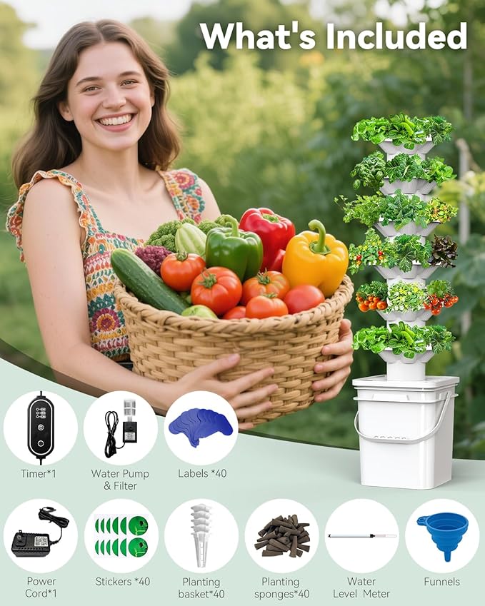 Vertical Hydroponics Growing System Kit, Indoor Outdoor Gardening System Kits, Herb & Fruits Growing Hydroponic Tower, 6 Layers (36 Pods)