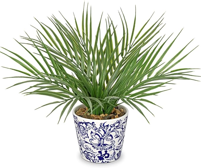 Hollyone Large Artificial Potted Plants Fake Palm Plants 13" Faux Green Plant Plastic Tropical Palm Tree in Blue and White Porcelain Ceramic Pots for Home Room Office House Indoor Decoration