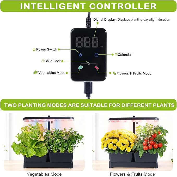 Indoor Herb Garden with Grow Light & Pots, Full Spectrum LED Planter for Kitchen Herbs & Houseplants, Height Adjustable Indoor Growing System for Home & Apartment Decor(Black, 16 * 6.3 * 7.1 inch)