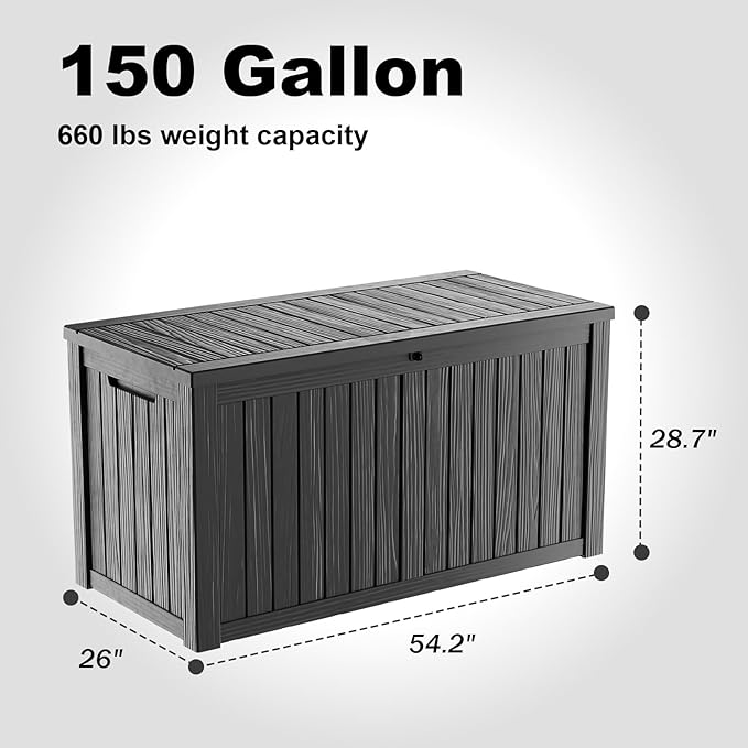PatioZen 150 Gallon Resin Deck Box, Lockable Patio Outdoor Storage Box for Furniture, Garden Tools and Tools Storage, Waterproof Outside Storage Boxes - Black