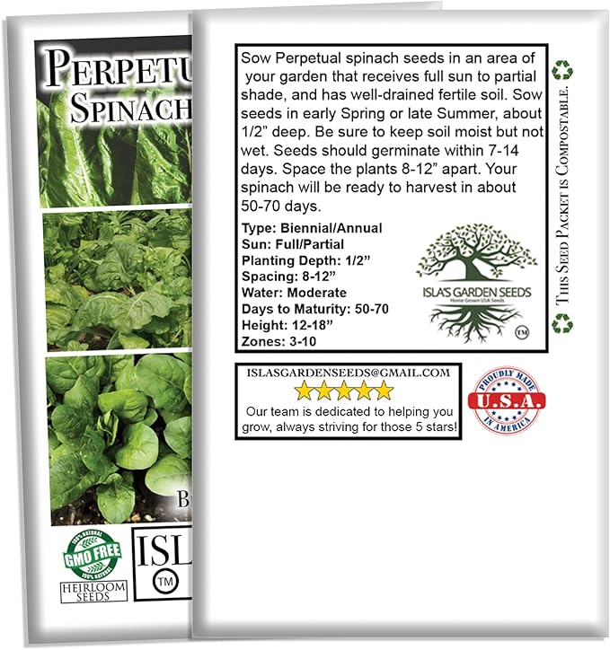 Perpetual Spinach Seeds for Planting, 300+ Heirloom Seeds Per Packet, (Isla's Garden Seeds), Non GMO Seeds, Botanical Name: Beta vulgaris subsp. vulgaris, Great Home Garden Gift
