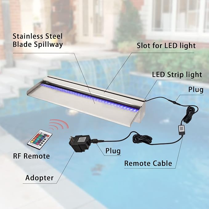 PONDO Pool Waterfall 24" APP with 16 Colors LED Lights, Stainless Steel Pond Fountain Set for Outdoor Decorations, Patio Waterfall Spillway Kit on The Wall for Garden, Easy Installation