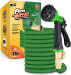 Flexi Hose with 8 Function Nozzle, 75FT - Lightweight Expandable Garden Hose, No-Kink Flexibility, 3/4 Inch Solid Brass Fittings and Double Latex Core - Green