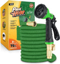 Flexi Hose with 8 Function Nozzle, 25FT - Lightweight Expandable Garden Hose, No-Kink Flexibility, 3/4 Inch Solid Brass Fittings and Double Latex Core - Green