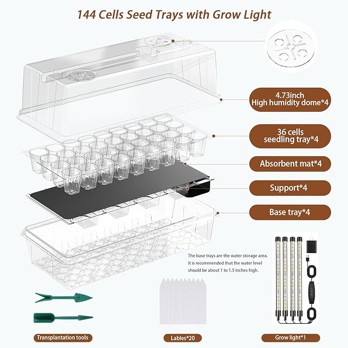 Seed Starter Tray Self Watering, Seed Starter Kit with Grow Light, Full Spectrum Grow Light for Seedling with Timer, Indoor Plant Grow Tray for Beginners & Seasoned Gardeners (144 Cells)