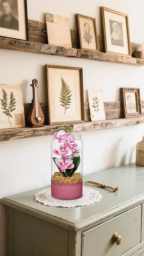 Pink Orchids Artificial Flowers with Vase, Small Faux Orchid Arrangement Fake Orchids Plant in Terrarium Jar Small Pink Orchid Centerpieces for Kitchen Dining Room Tables Bathroom Nightstand Decor