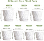 Meowell 7/6.5/6/5.5/5/4.5/4 inch Plant Pots for Indoor Outdoor Plants, 7 Pack Thick Flower Pots with Drainage Holes and Saucers, Modern Wave Texture Plastic Planters Nursery Pots, Speckled White