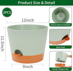 GARDIFE 12 inch Plant Pots, planters, Self Watering Pots, 2 Pack Large Plastic Flower pots with Deep Reservior and High Drainage Holes for Indoor Outdoor Plants and Flowers, Green
