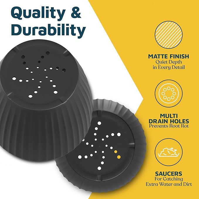 Black 6-Inch Plant Pots with Drainage & Saucers 24 Pack, Indoor & Outdoor Planters for Houseplants, Herbs, and Flowers, Durable & Weatherproof Material, Stackable, Lightweight, Minimalist Design