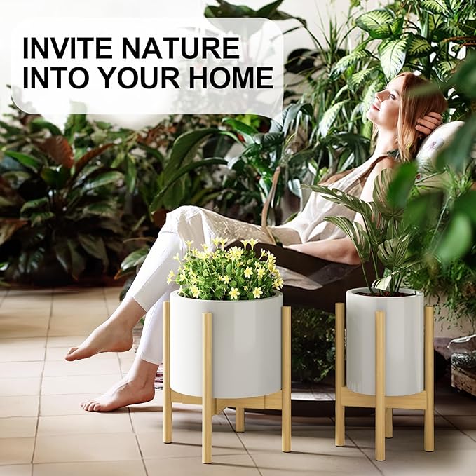 MUDEELA Plant Stand for Indoor Plants: Adjustable Width Fits 8-12 Inch Pots - Mid Century Modern Bamboo Plant Stand - 14.5 Inch Single Tier Small Floor Plant Holder, Natural, 1 Pack (Without Pot)