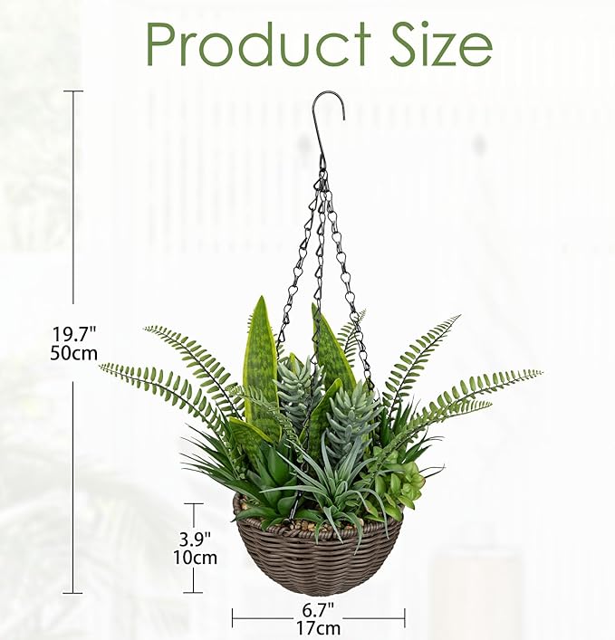 DILATATA Artificial Hanging Plants Basket, Faux Snake Plants Fern Succulent Mix with Coconut Fiber Liner, Fake Hanging Plant with Chain Hook for Indoor Outdoor Porch Patio Balcony Home Décor