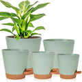 Vanslogreen Planters for Indoor Plants 7/6.5/6/5.5/5 Inch, Self Watering Planters with Drainage Holes and Saucers 5 Pack Plastic Pots for Plants, Succulents, Herbs, Cactus, Flower Pots, Green